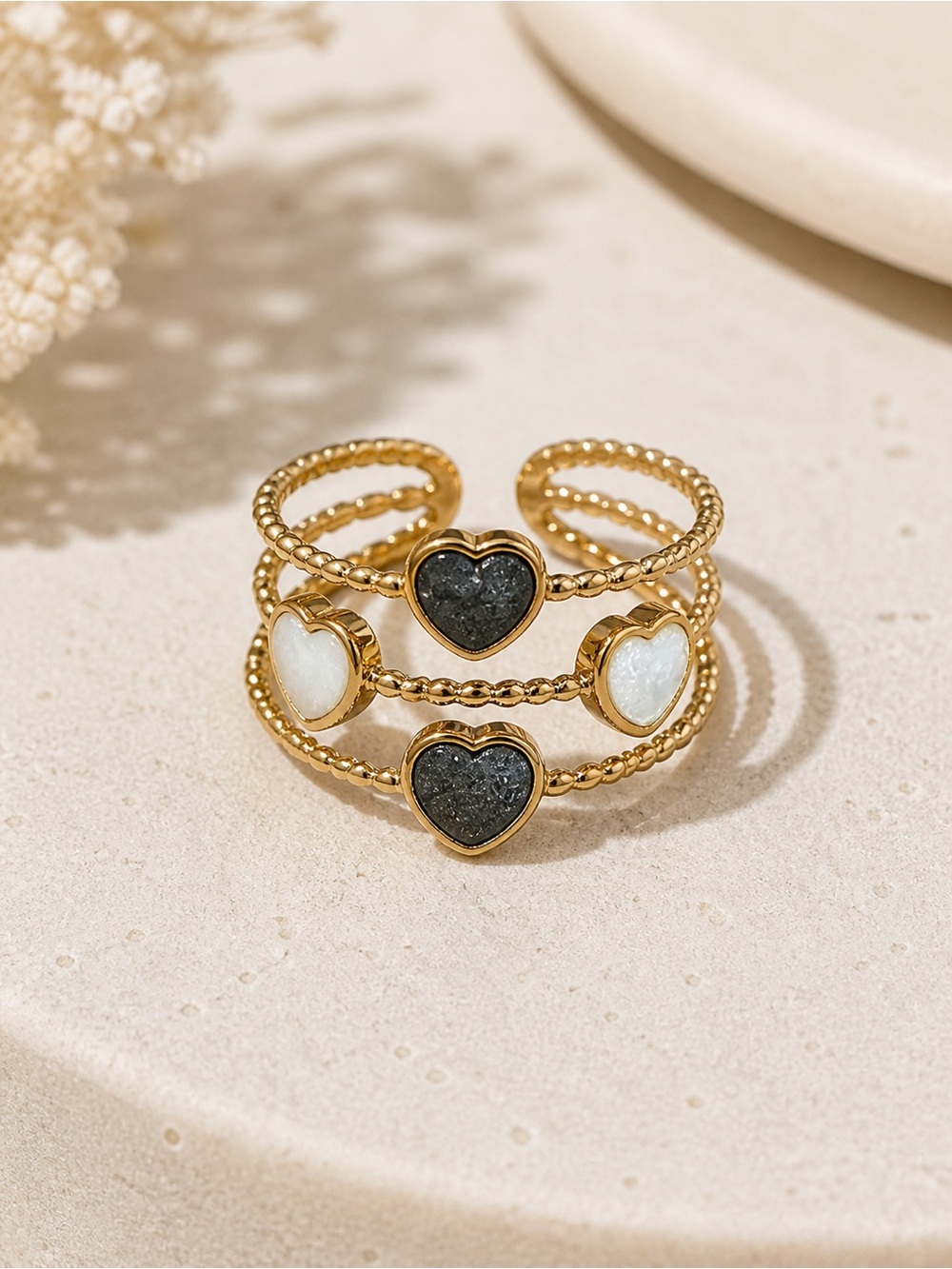 Gold Dark Gray & White Heart Ring Adjustable 18K Gold Plated Stainless Steel